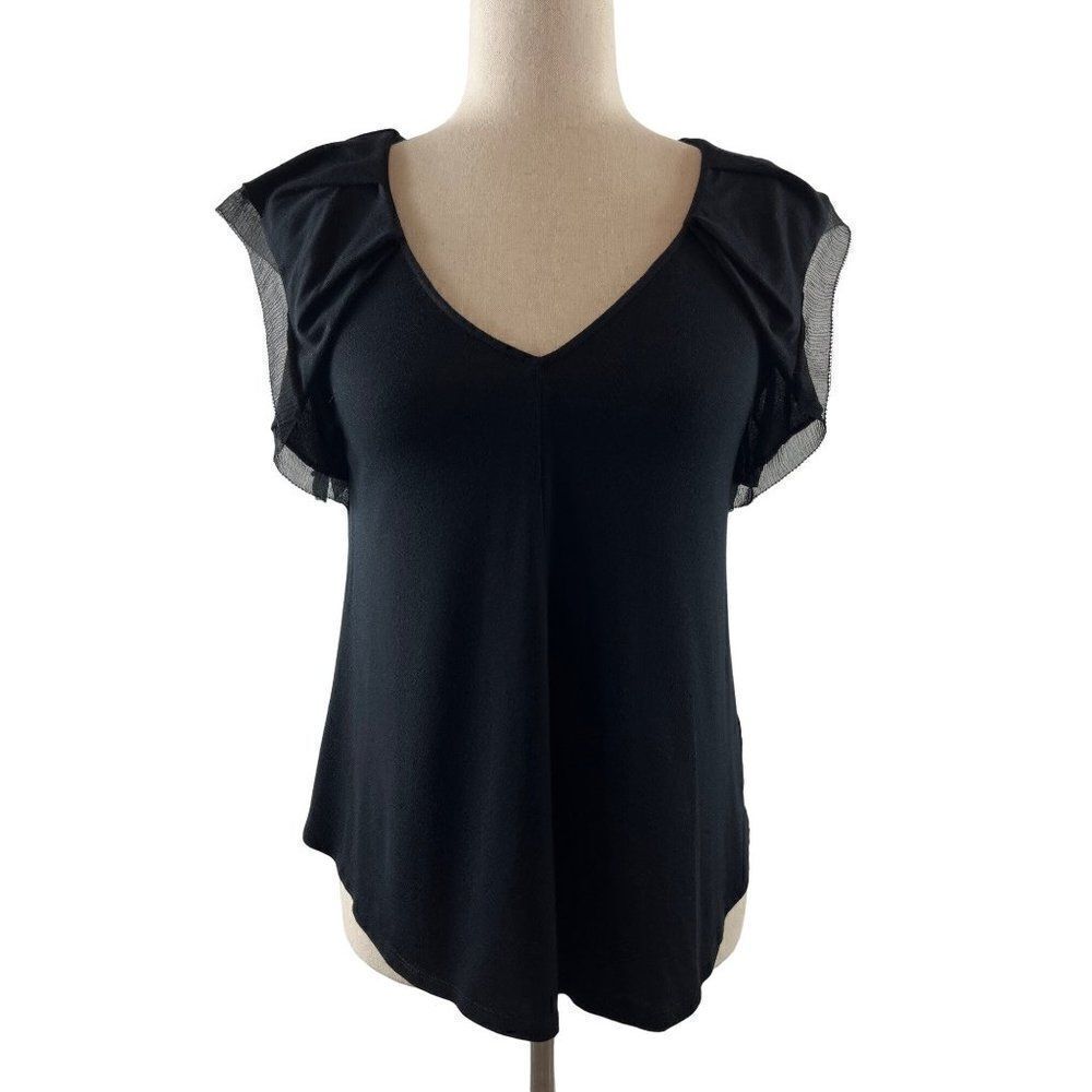 Rebecca Taylor Jersey V-Neck Silk Flutter Sleeve Tee Size Small Black Stretchy